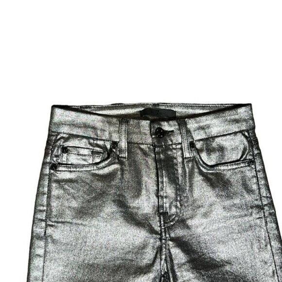 7 For All Mankind High Waist Silver Metallic Polished Cotton Skinny Jeans Size 2 - Picture 2 of 4